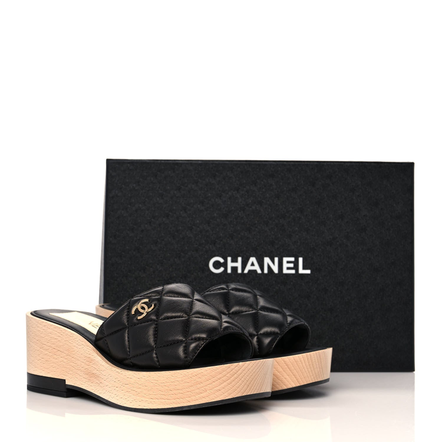 Chanel Lambskin Quilted CC Wedge Sandals 37 Black 8 of 9