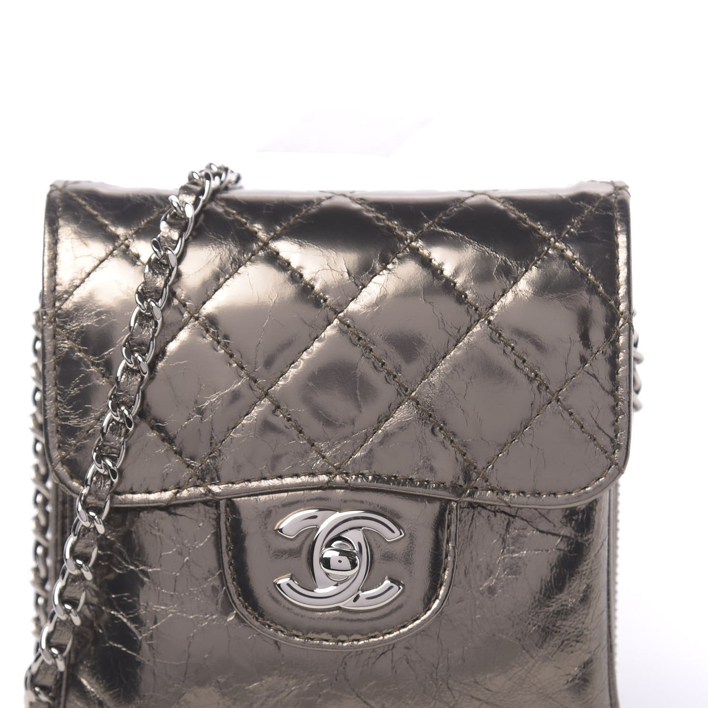Crackled Aged Calfskin Mini Crossbody Flap Pewter