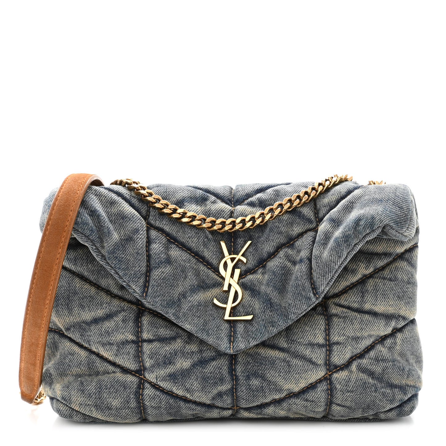 Denim Quilted Toy Loulou Puffer Monogram Chain Satchel Blue Cinnamon