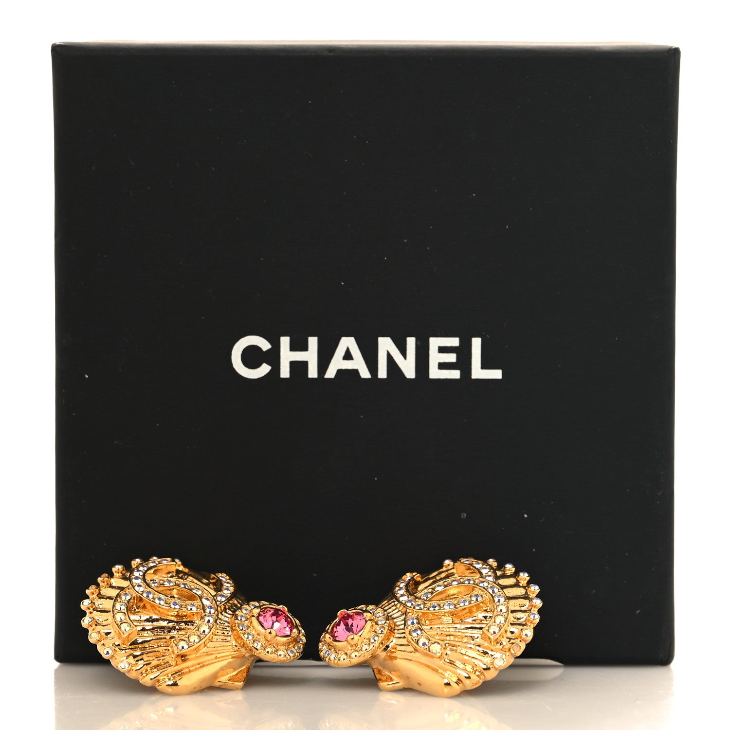 Chanel Metal Crystal CC Shell Clip On Earrings Gold Pink Multicolor 6 of 6