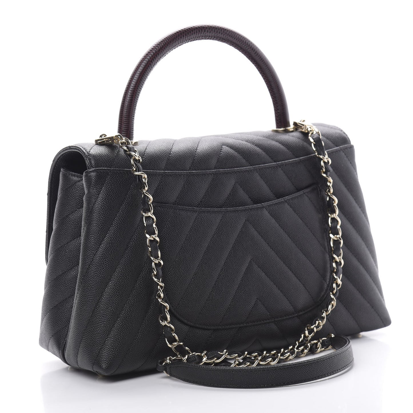 Caviar Lizard Embossed Chevron Quilted Medium Coco Handle Flap Black