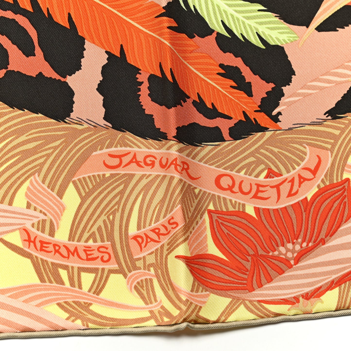 Silk Jaguar Quetzal Scarf 90 Orange Beige Vert