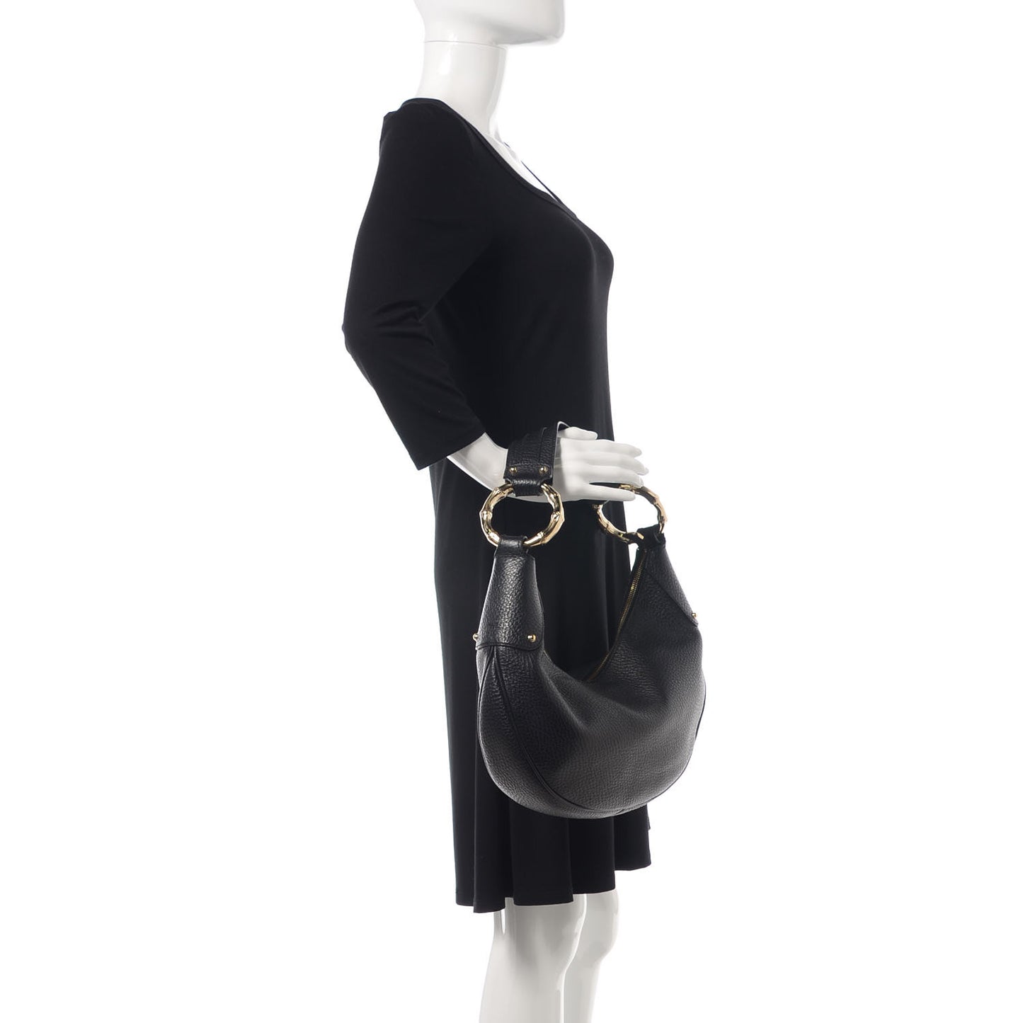 Calfskin Half Moon Bamboo Ring Hobo Black
