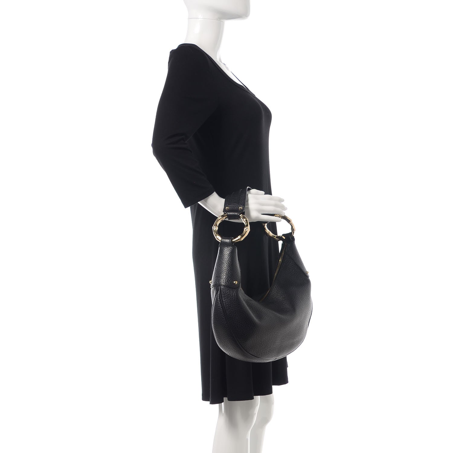 Gucci Calfskin Half Moon Bamboo Ring Hobo Black 2 of 9