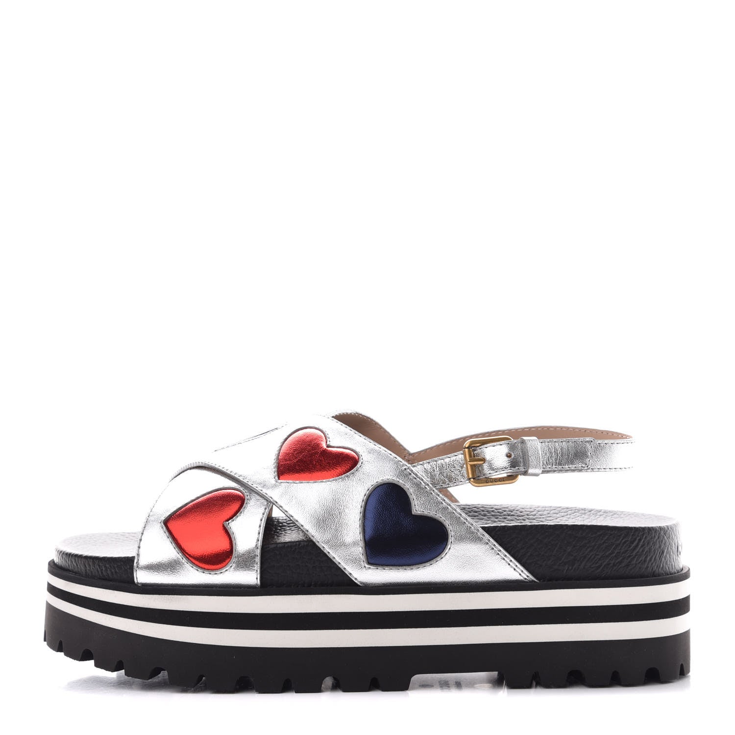 Gucci Metallic Nappa Silk Sunrise Heart Crossover Platform Lug Sole Sandals 39.5 Argento 1 of 9