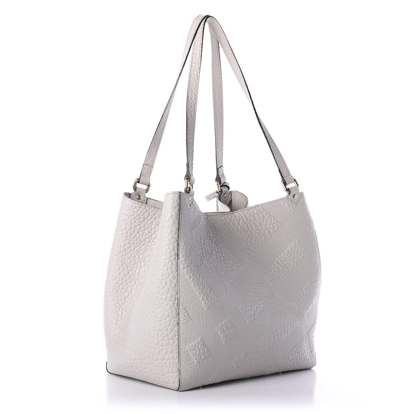 Signature Grain Calfskin Check Embossed Small Canterbury Tote Stone White