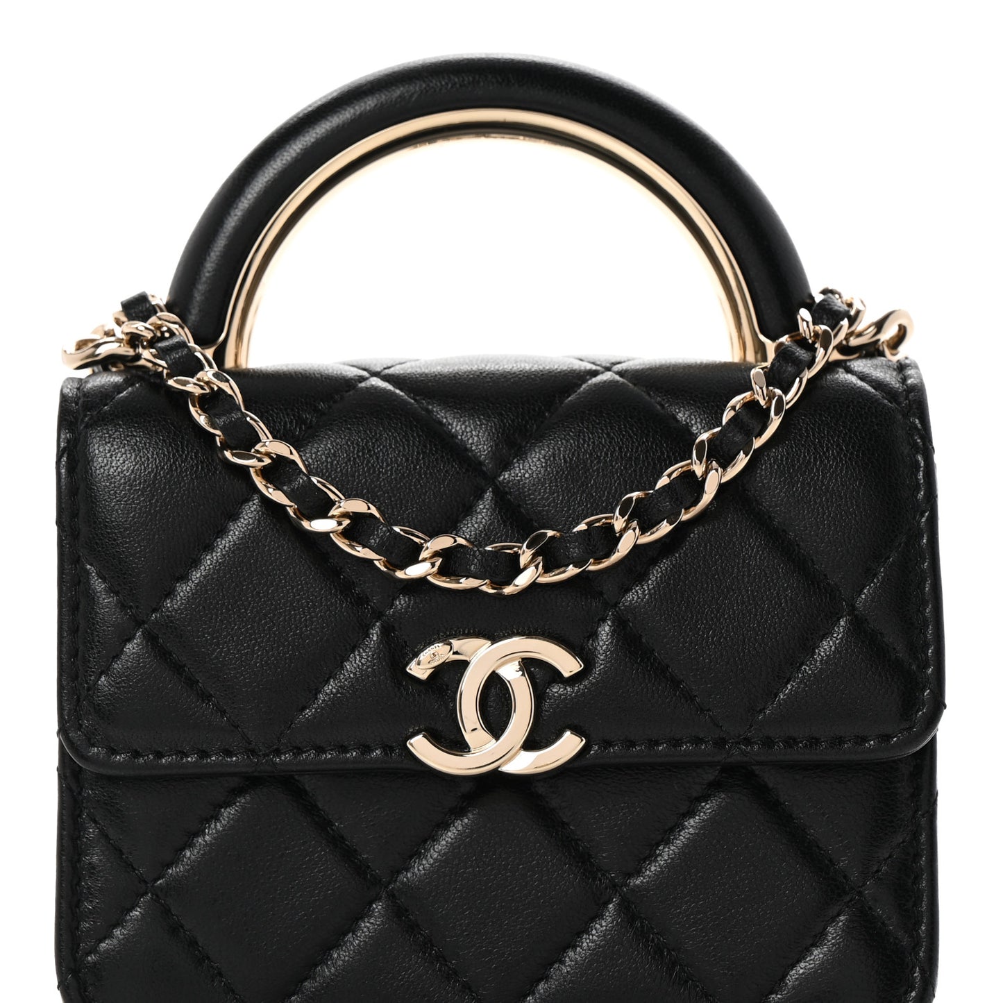 Lambskin Quilted Top Handle Flap Clutch With Chain Black