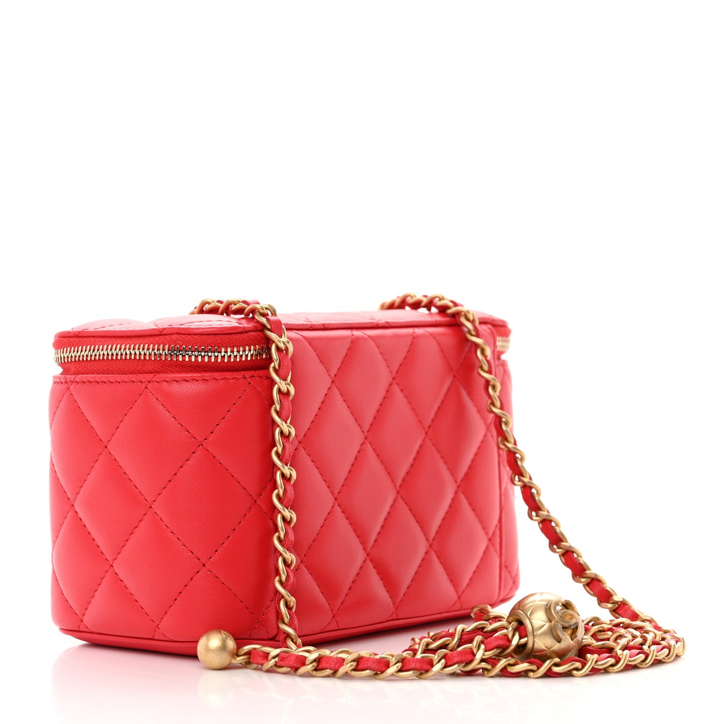 Lambskin Quilted Small Pearl Crush Vanity Case With Chain Red