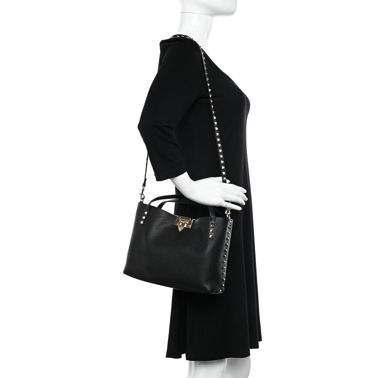 Grained Calfskin Small Rockstud Flip Lock Tote Black Rose Quartz