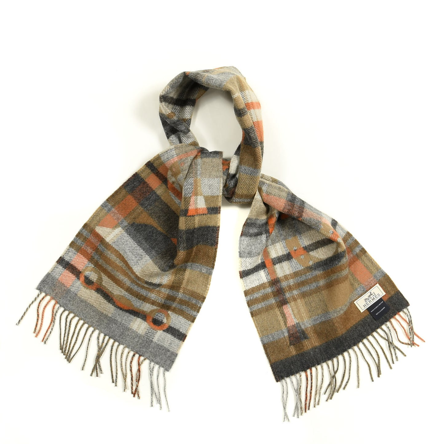 Cashmere HER-MES Tartan Muffler Camel Beige Orange Gris