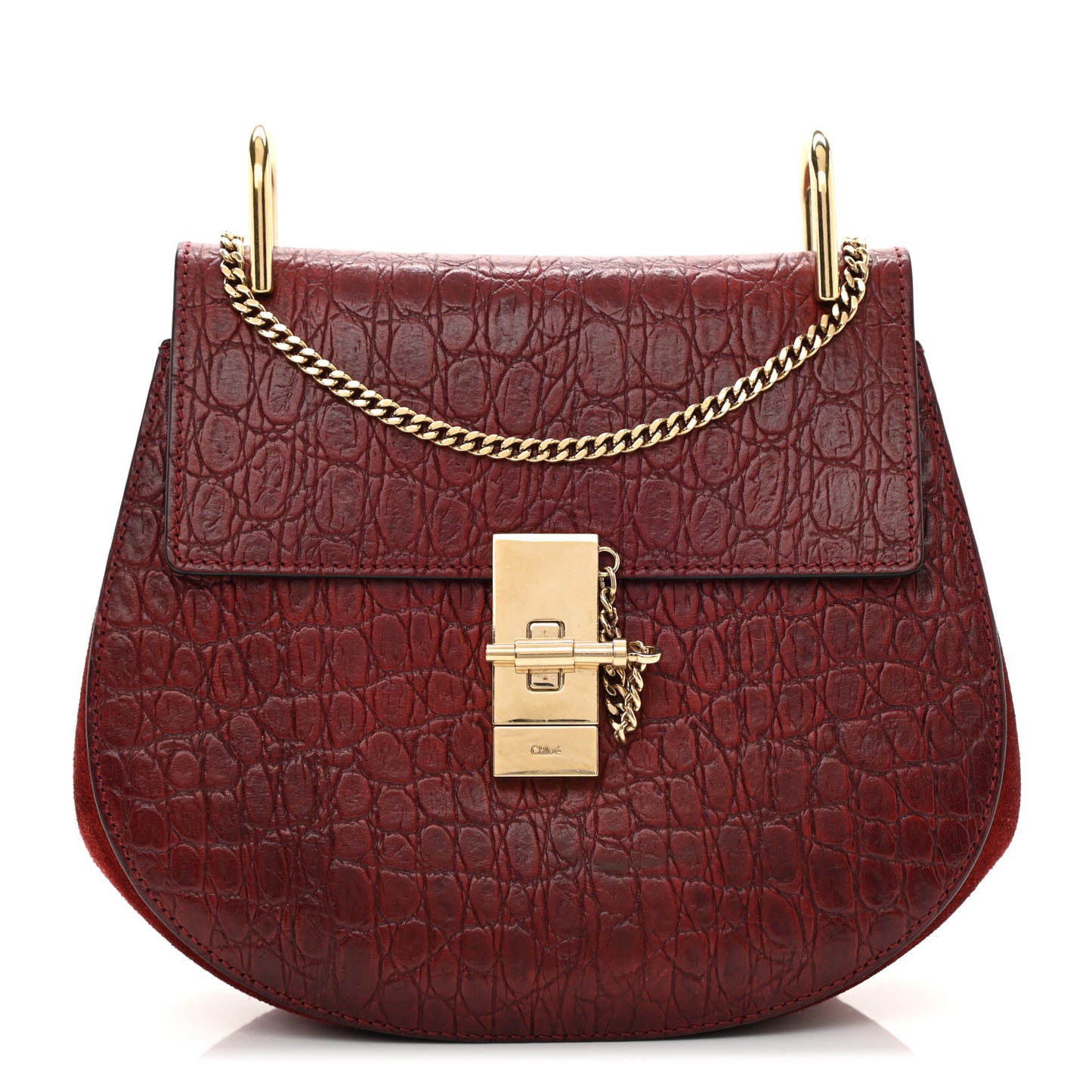 Calfskin Crocodile Embossed Drew Shoulder Bag Sienna Red