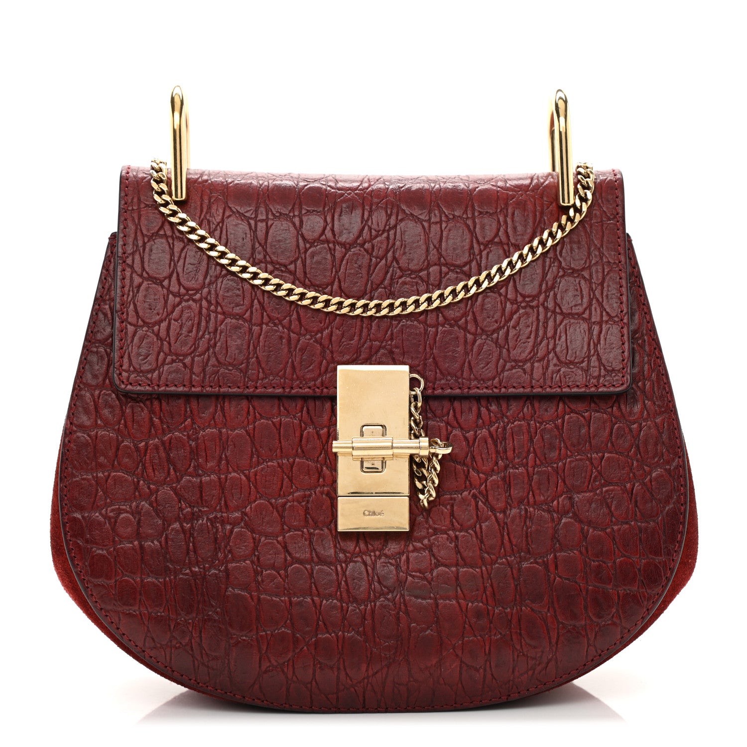 Chloe Calfskin Crocodile Embossed Drew Shoulder Bag Sienna Red 1 of 9