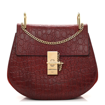 Chloe Calfskin Crocodile Embossed Drew Shoulder Bag Sienna Red 1 of 9
