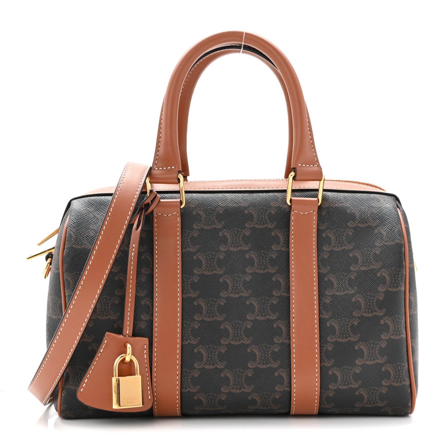 Triomphe Canvas Calfskin Medium Boston Bag Tan