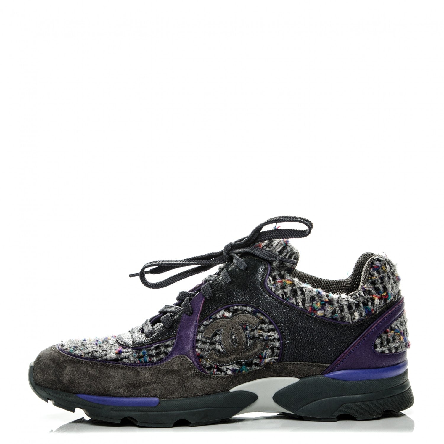 Chanel Suede Tweed Goatskin CC Sneakers 39.5 Grey Purple 1 of 6