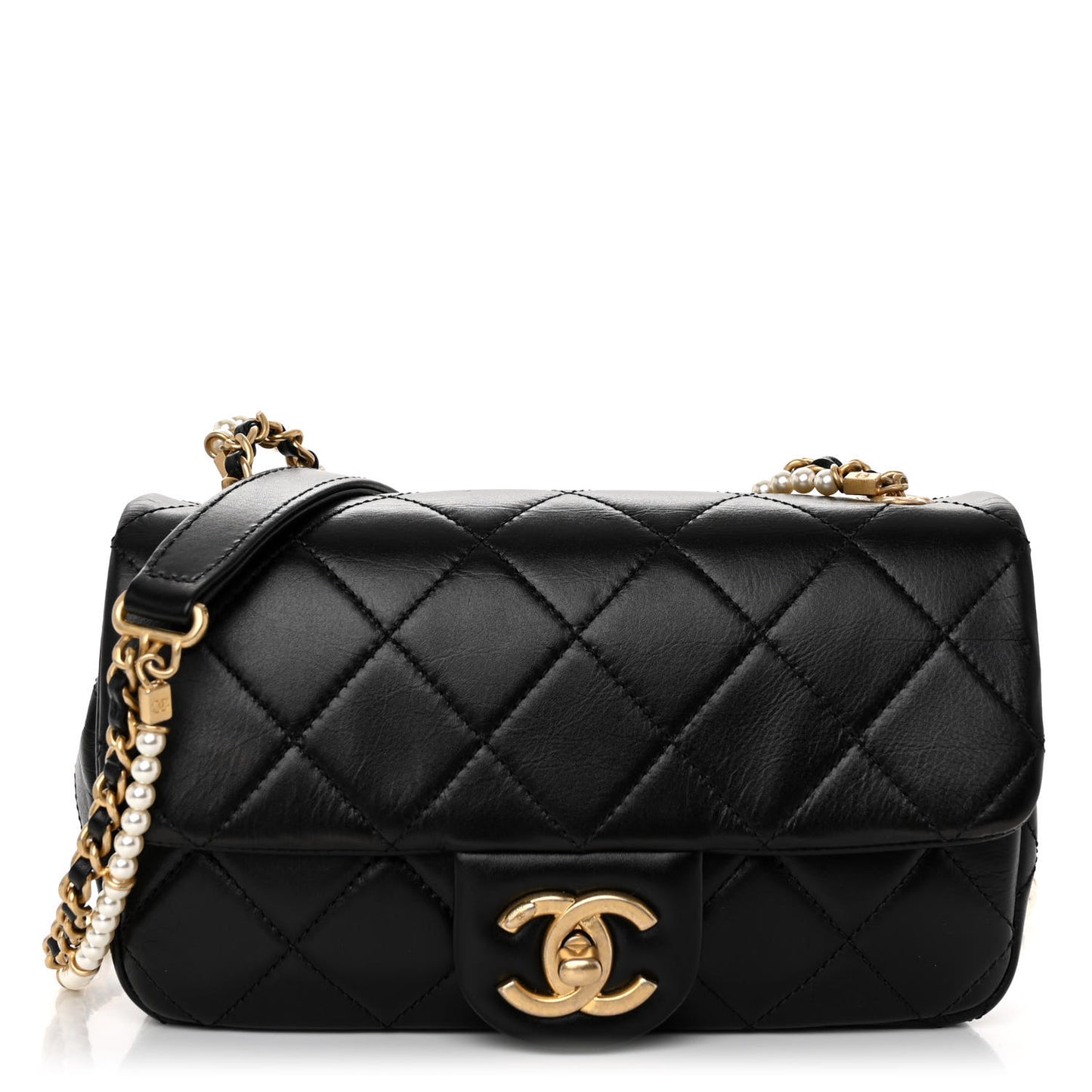 Calfskin Quilted Mini Rectangular Crystal Pearls Chain Flap Black