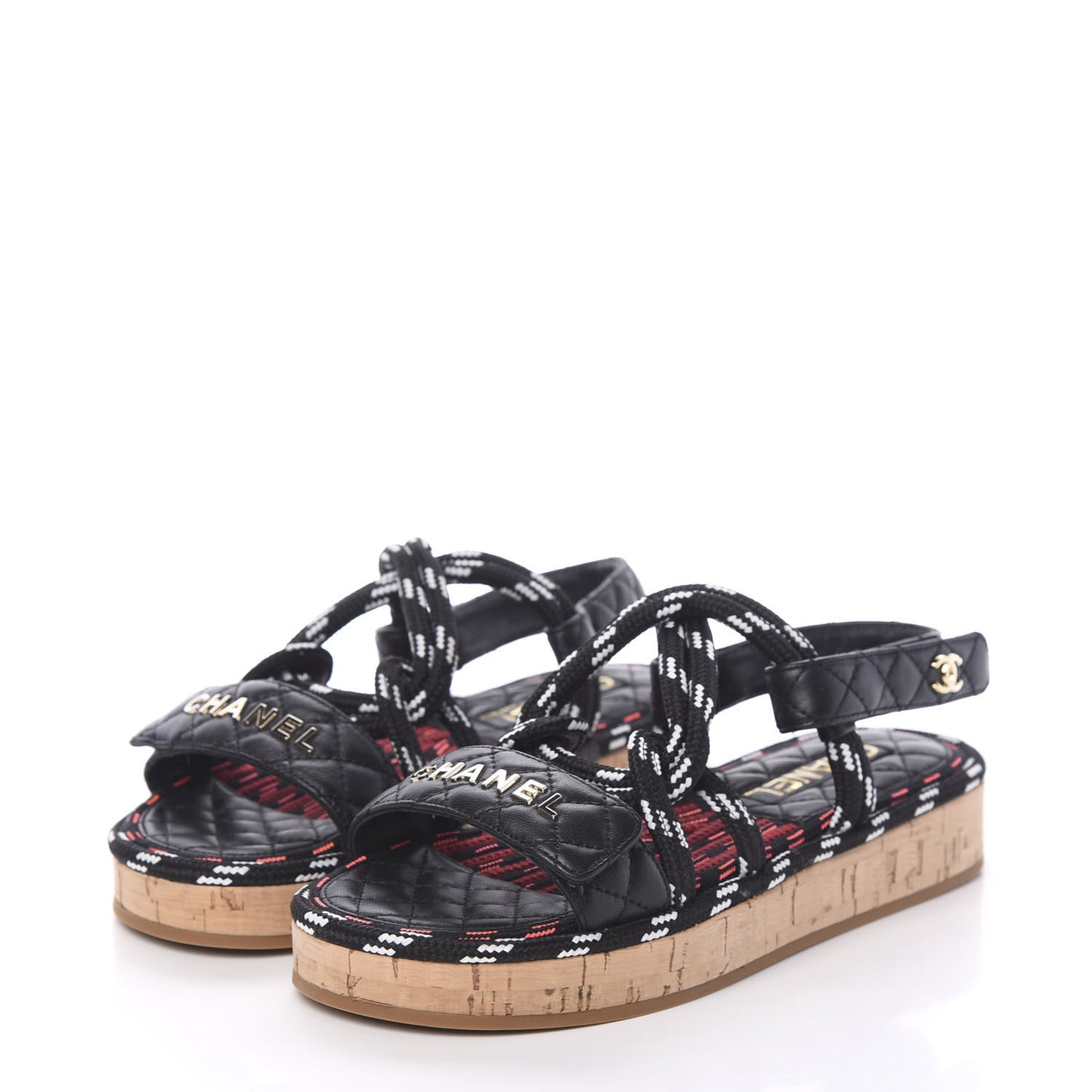 Cord Lambskin Quilted Logo Sandals 37 Black White
