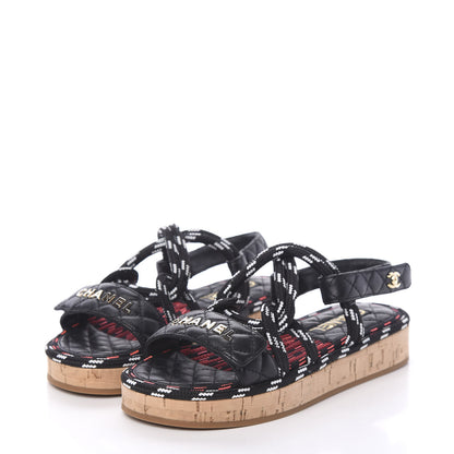 Chanel Cord Lambskin Quilted Logo Sandals 37 Black White 3 of 9