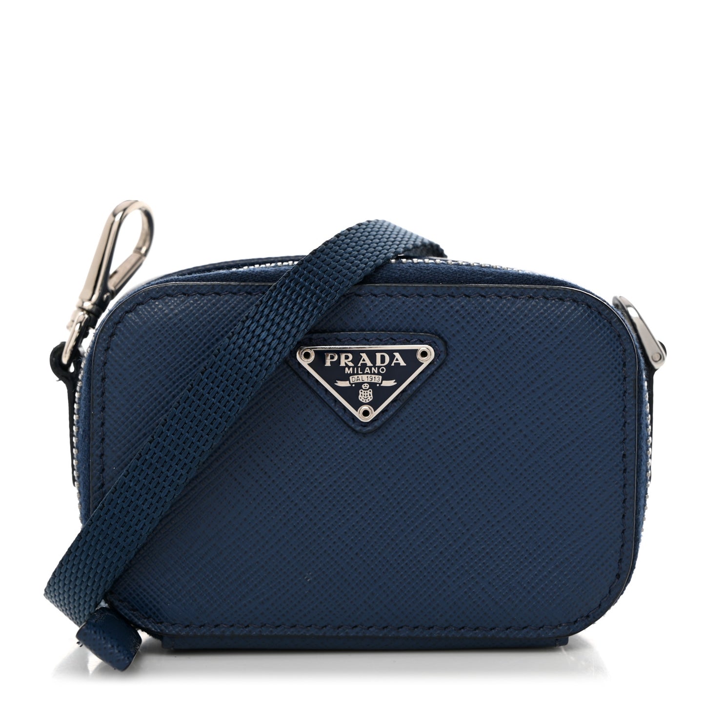 Saffiano Travel Metal Triangle Logo Mini Pouch Shoulder Bag Bluette