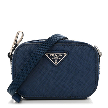 Prada Saffiano Travel Metal Triangle Logo Mini Pouch Shoulder Bag Bluette 1 of 8
