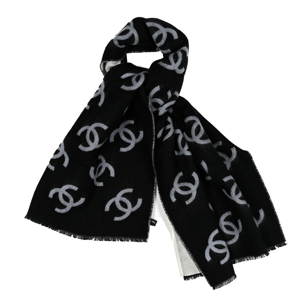 Chanel Cashmere Silk Wool CC Stole Black Light Gray White 1801128