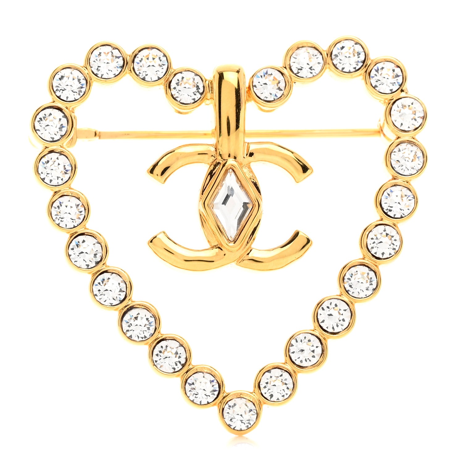 Chanel Crystal Heart CC Brooch Gold 1 of 4
