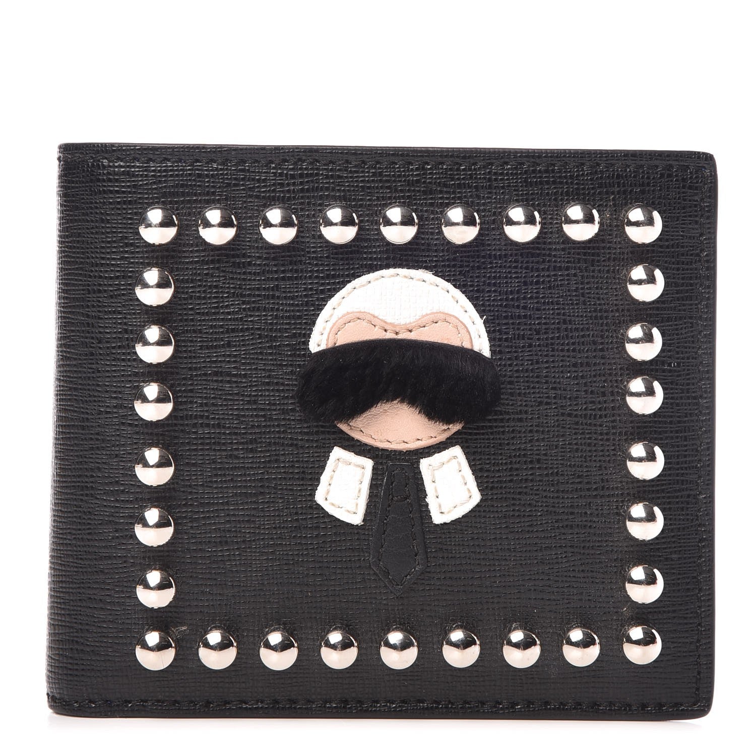 Fendi Vitello Elite Flamingo Mink Karlito Studded Bi-Fold Wallet Black White Plaster 1 of 9