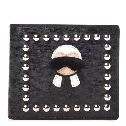 Fendi Vitello Elite Flamingo Mink Karlito Studded Bi-Fold Wallet Black White Plaster 1 of 9