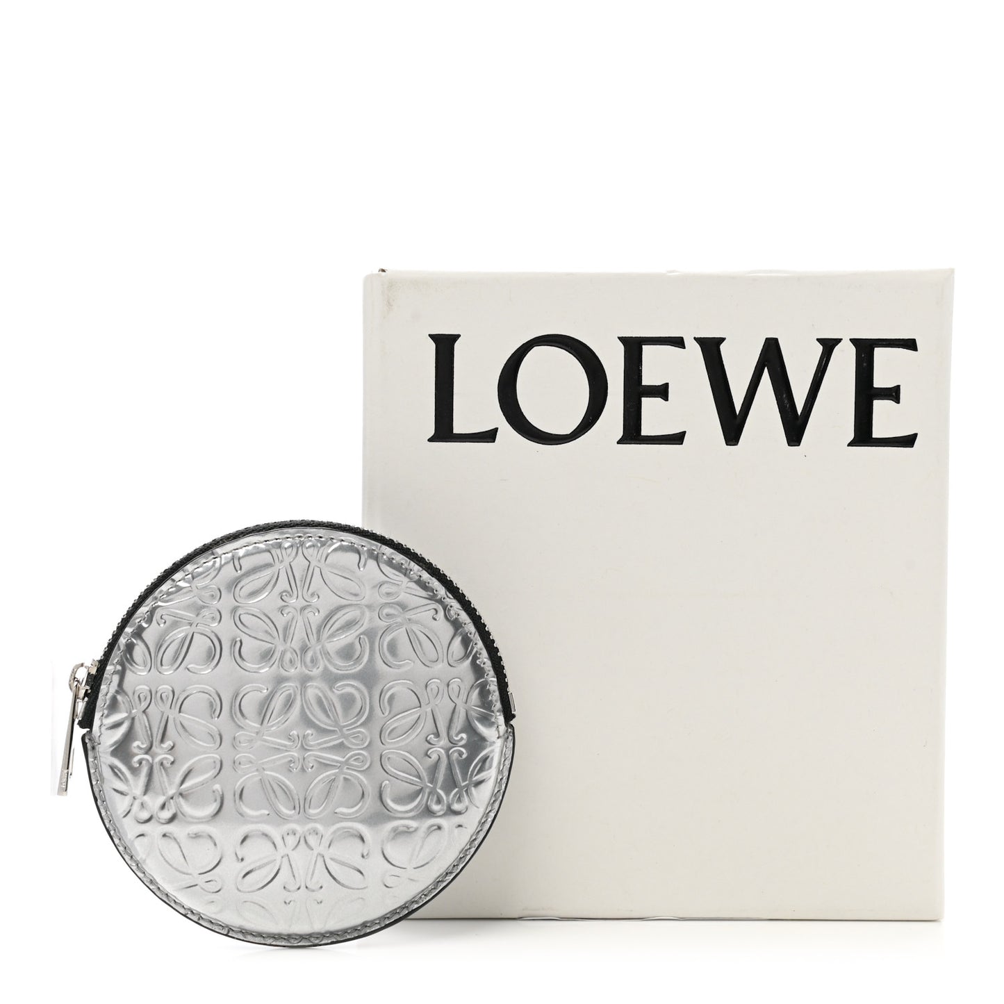 Metallic Calfskin Embossed Anagram Cookie Zip Coin Purse Silver