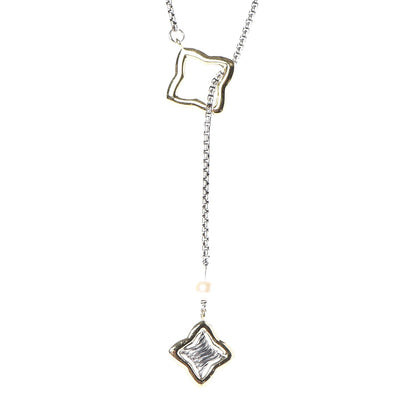 David Yurman Sterling Silver 18K Yellow Gold Pearl Quatrefoil Lariat Necklace 5 of 7
