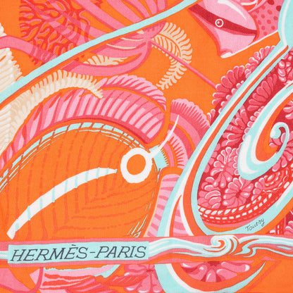 Hermes Cashmere Silk De La Mer Au Ciel Shawl 140 Orange Vert Corail 6 of 9