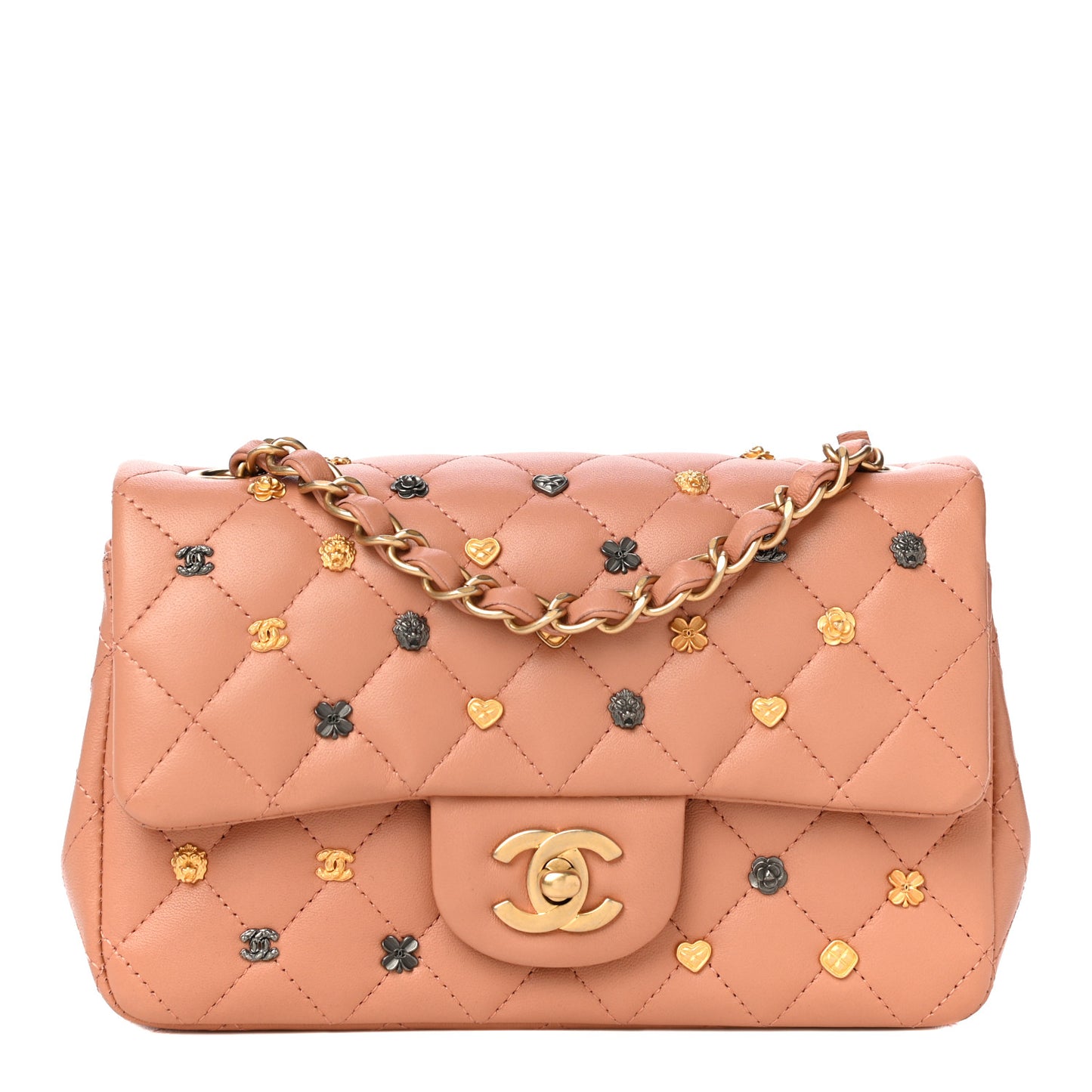 Lambskin Quilted Studded Mini Rectangular Flap Beige