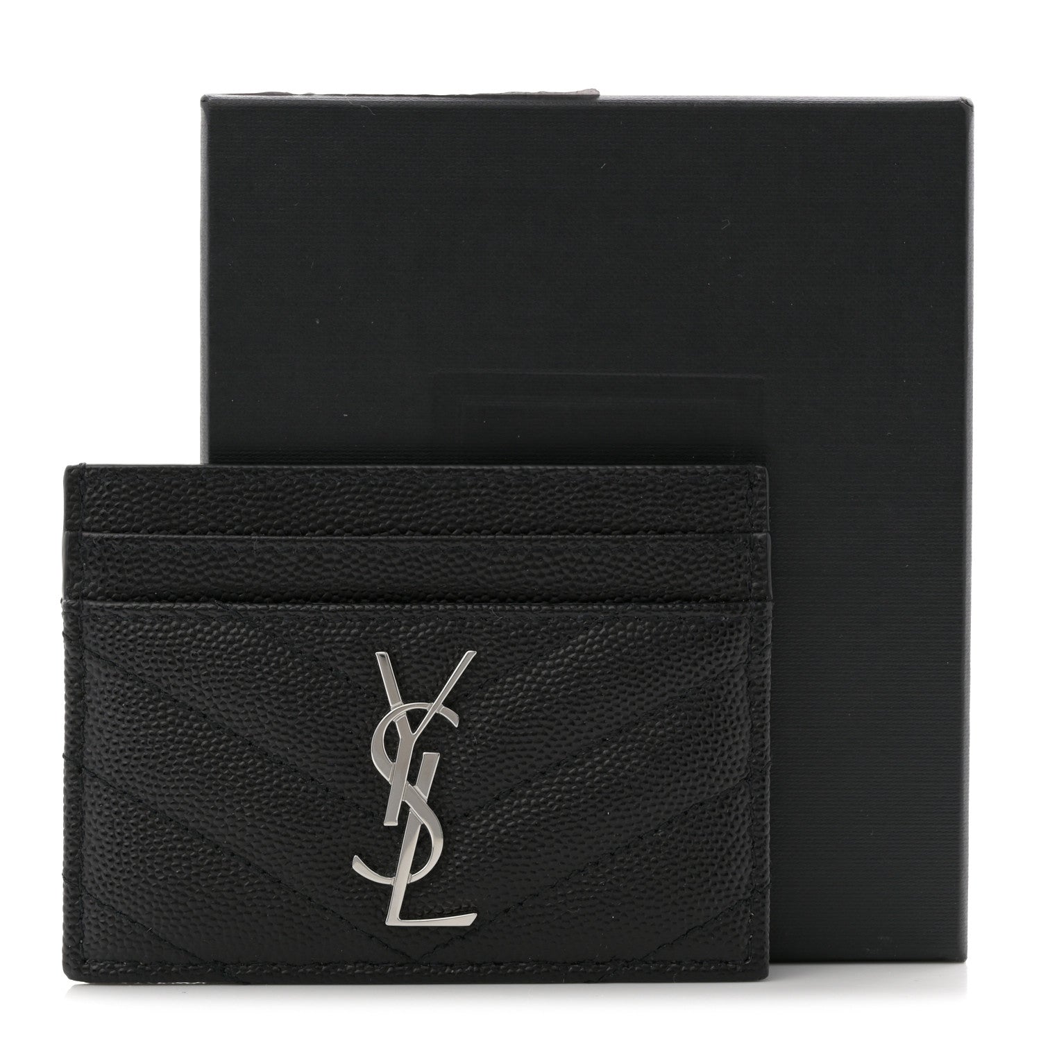 Saint Laurent Grain De Poudre Matelasse Chevron Monogram Credit Card Case Black 8 of 8
