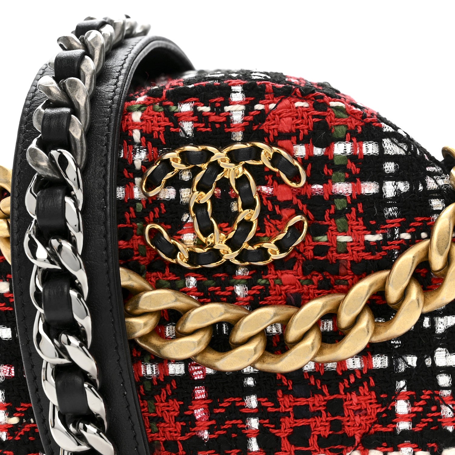 Chanel Tweed Quilted Chanel 19 Round Clutch With Chain  Red Black White Green 8 of 11