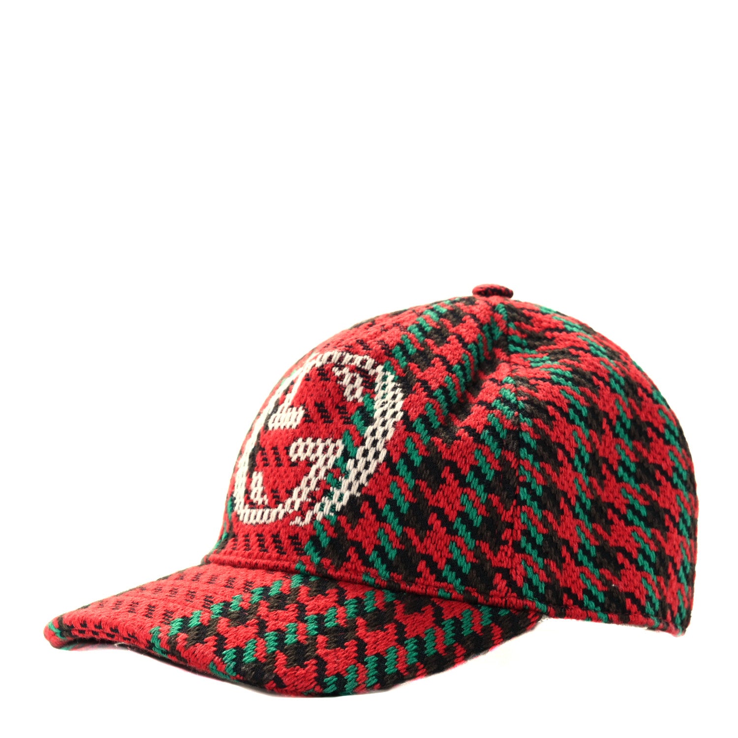 Gucci Tweed Wool Houndstooth Interlocking G Baseball Hat S Red Green 1 of 9