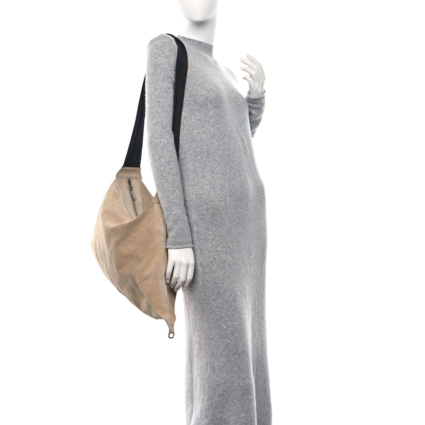 Suede Nylon Stitched Hobo Messenger Bag Beige Brown