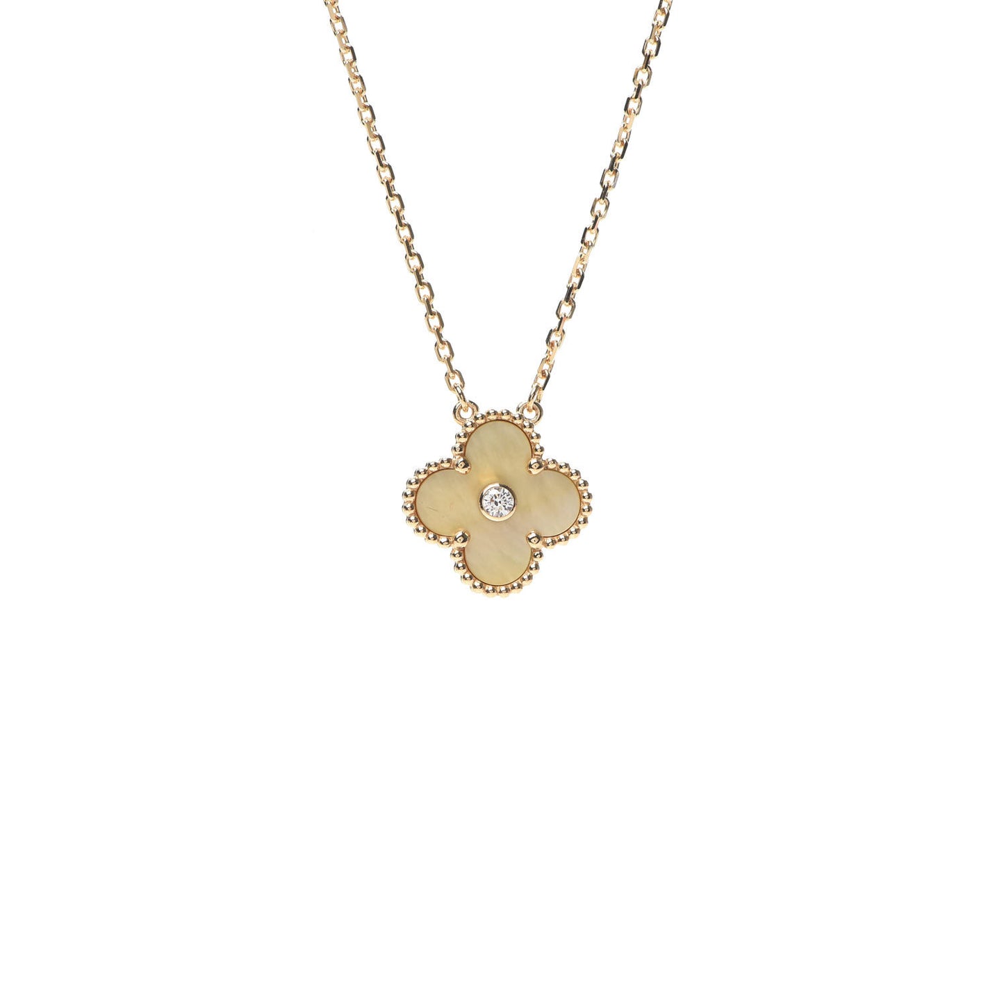 18K Yellow Gold Diamond Yellow Mother of Pearl Vintage Alhambra Pendant Necklace