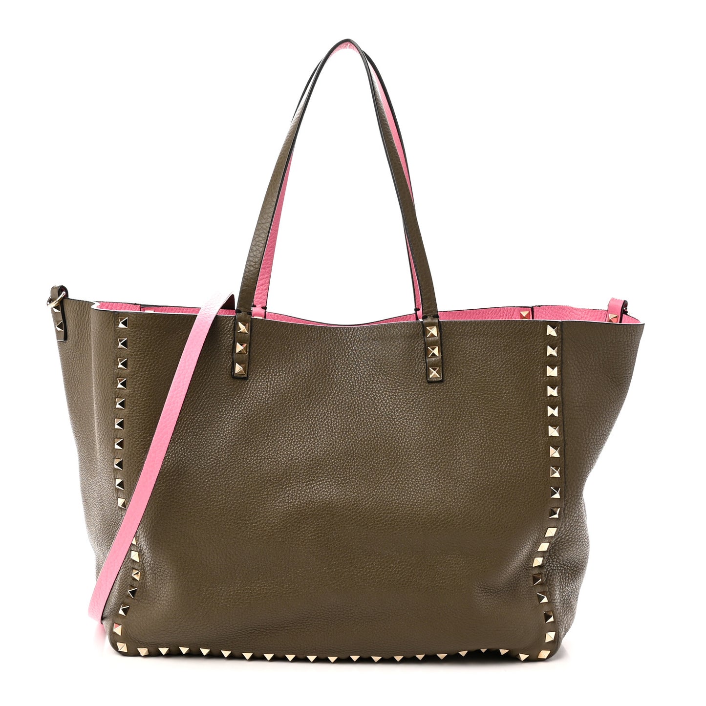 Grained Calfskin Medium Rockstud Reversible Tote Army Green Pink