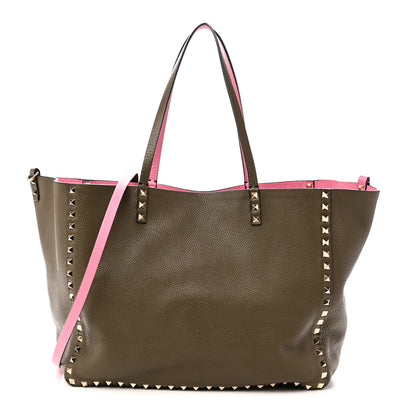 Valentino Garavani Grained Calfskin Medium Rockstud Reversible Tote Army Green Pink 1 of 16