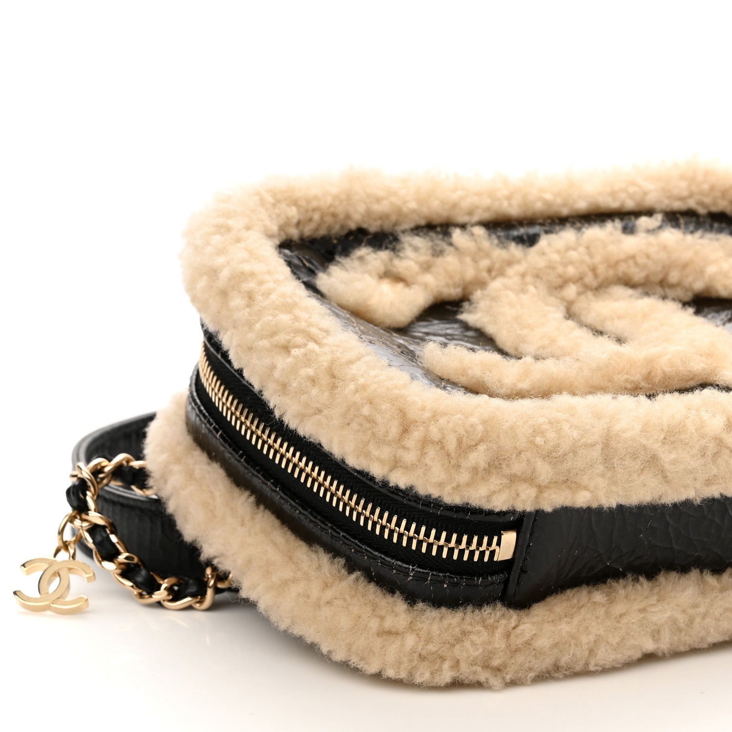 Chanel Shiny Crumpled Sheepskin Shearling Waist Bag Black Beige 9 of 10