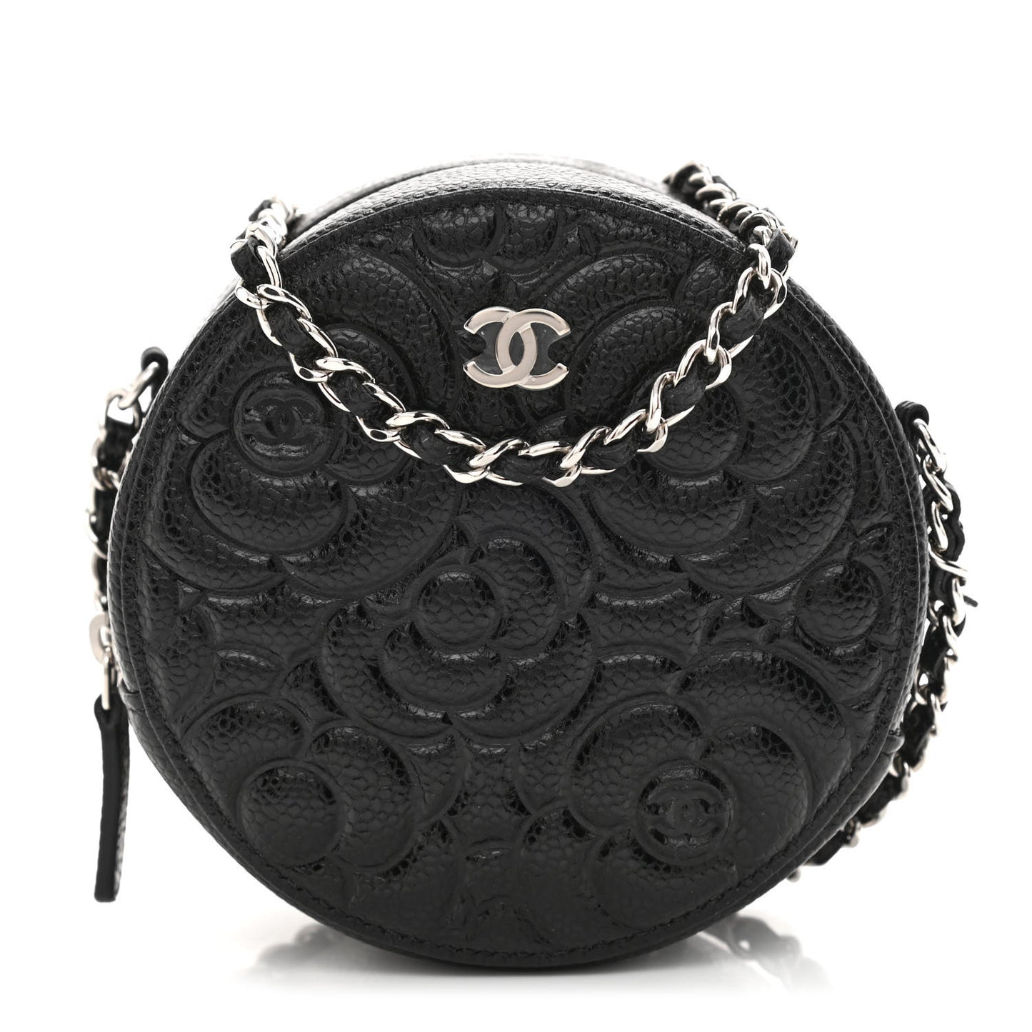Caviar Camellia Embossed Round Clutch With Chain Black