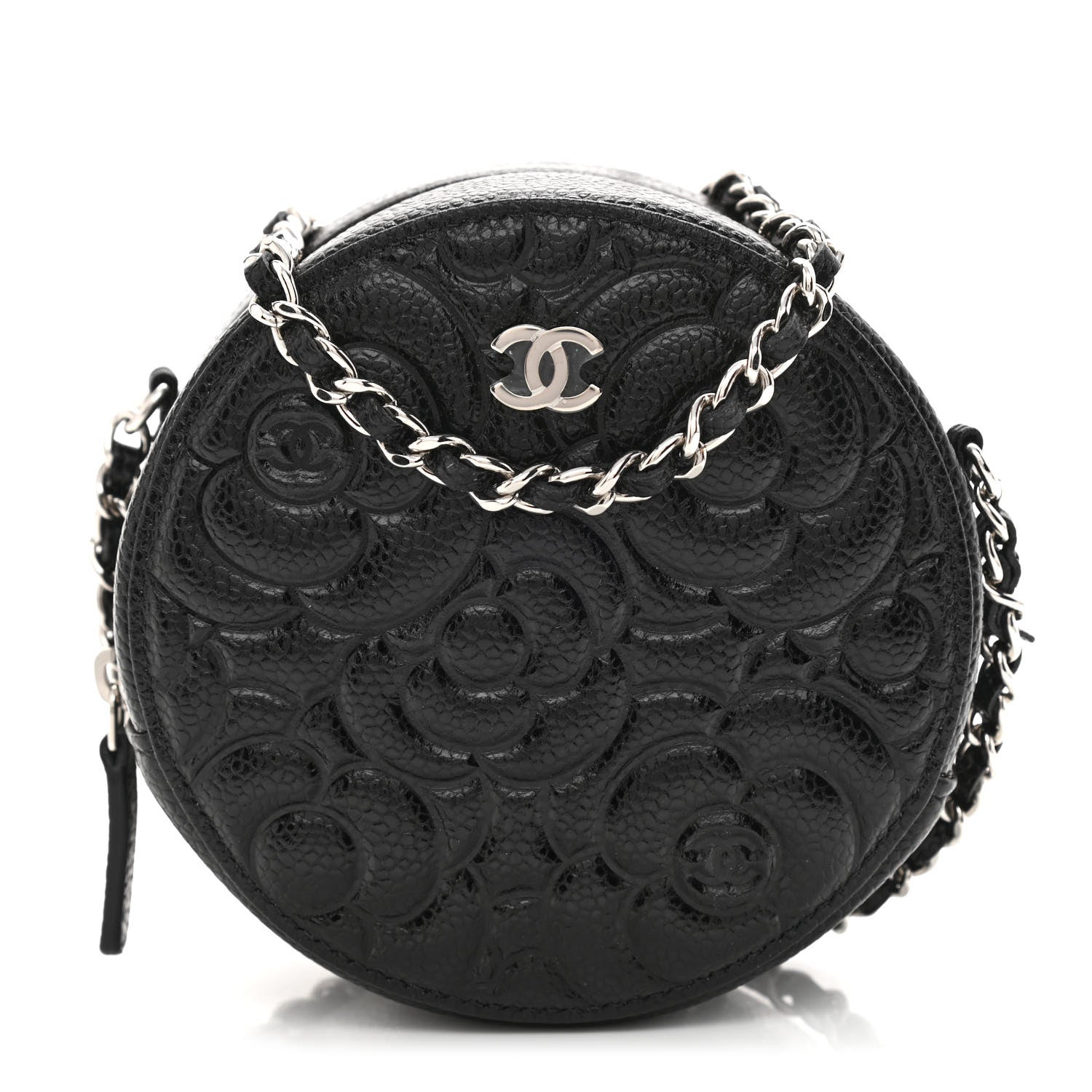 Chanel Caviar Camellia Embossed Round Clutch With Chain Black 1 of 11