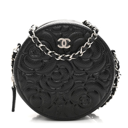 Chanel Caviar Camellia Embossed Round Clutch With Chain Black 1 of 11