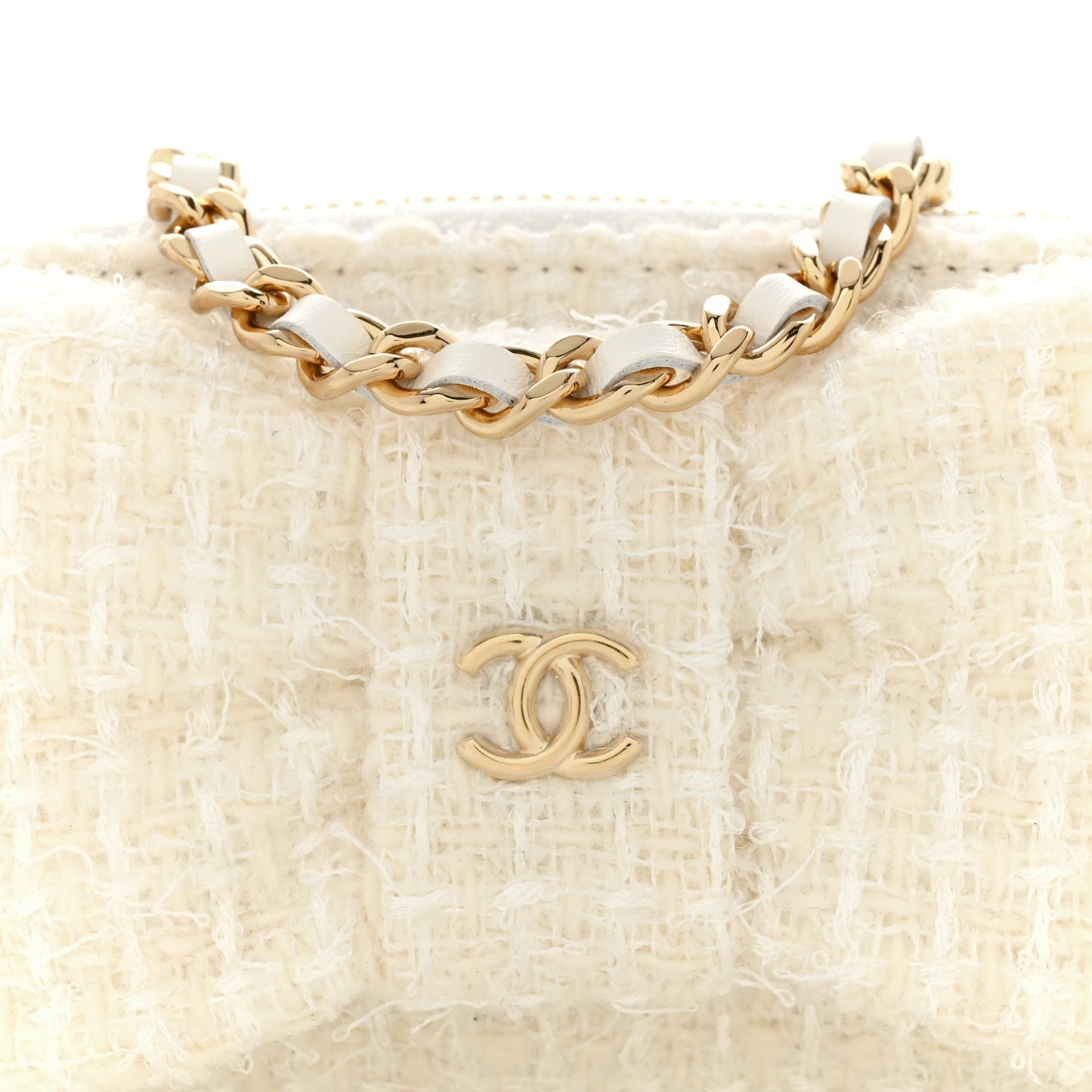 Tweed Quilted Bow Flap Card Holder On Chain White