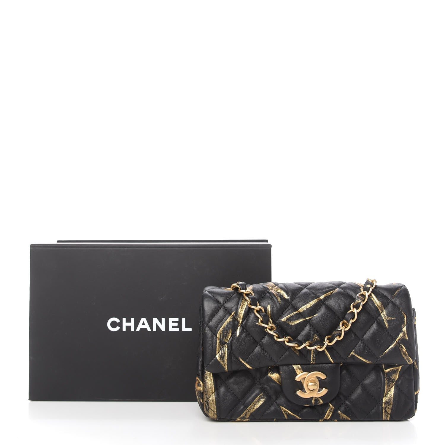Chanel Crumpled Calfskin Printed Quilted Mini Rectangular Flap Black Gold 10 of 10