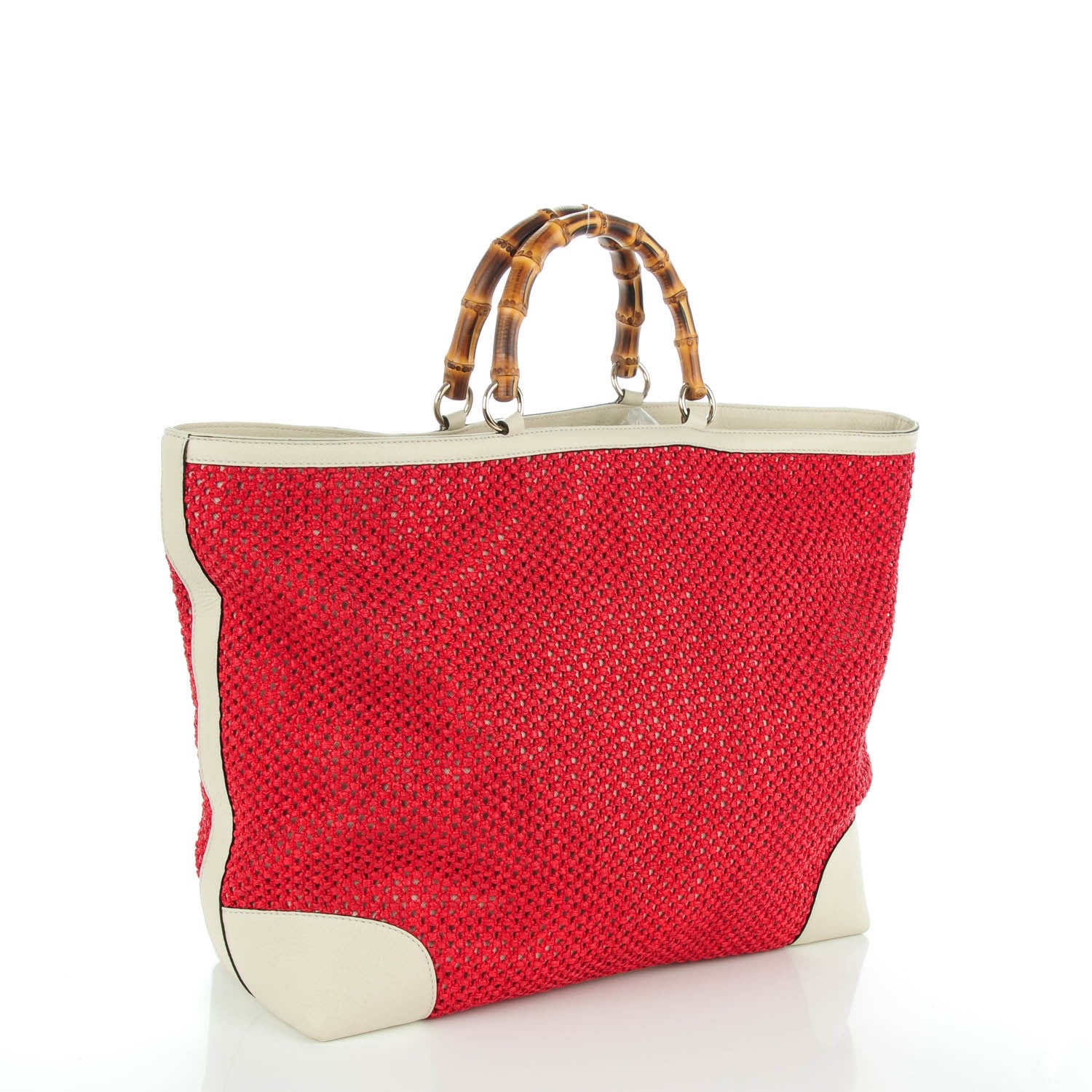 Gucci Straw Calfskin Bamboo Shopper Tote Raspberry 3 of 7