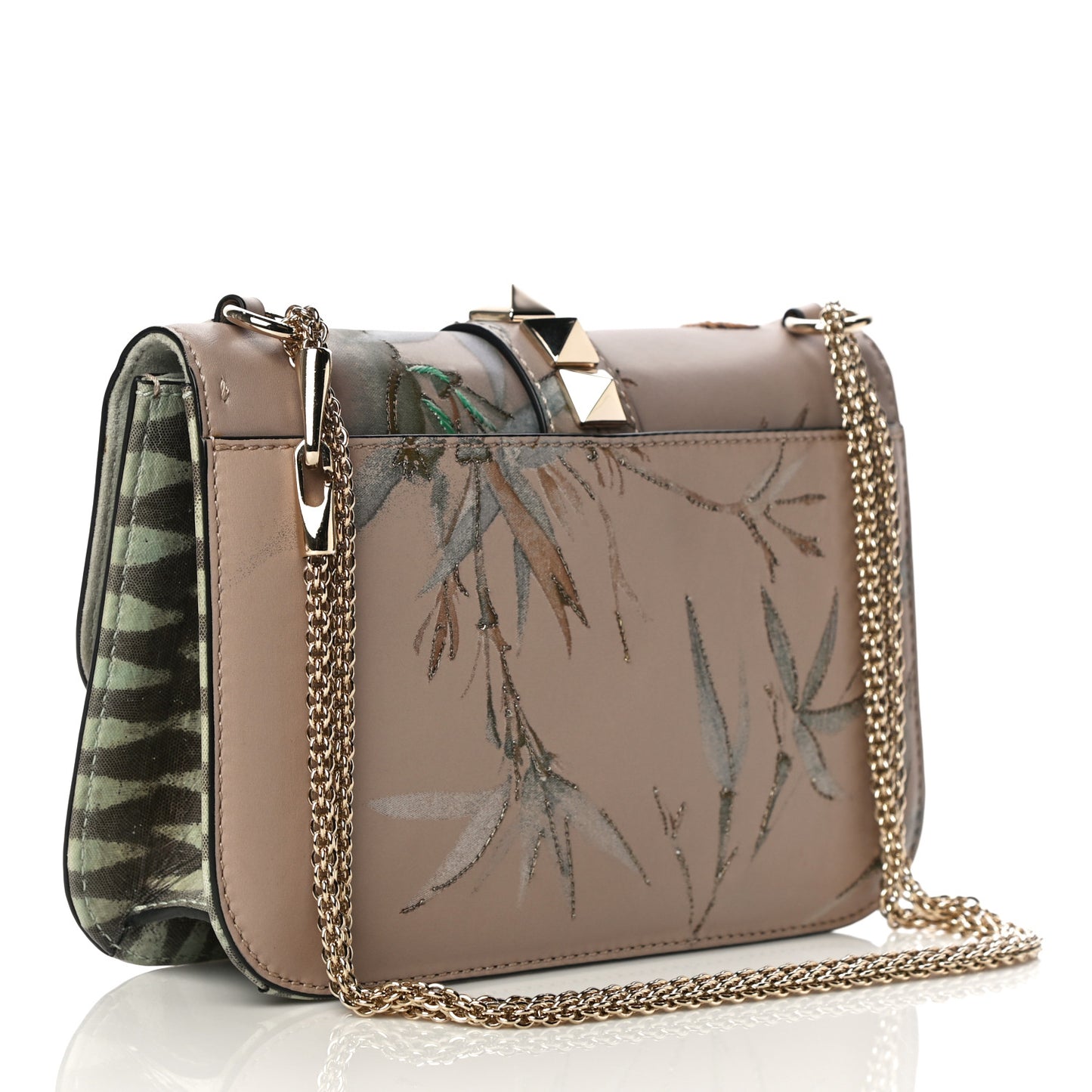 Vitello Embroidered Medium Glam Lock Rockstud Flap Beige