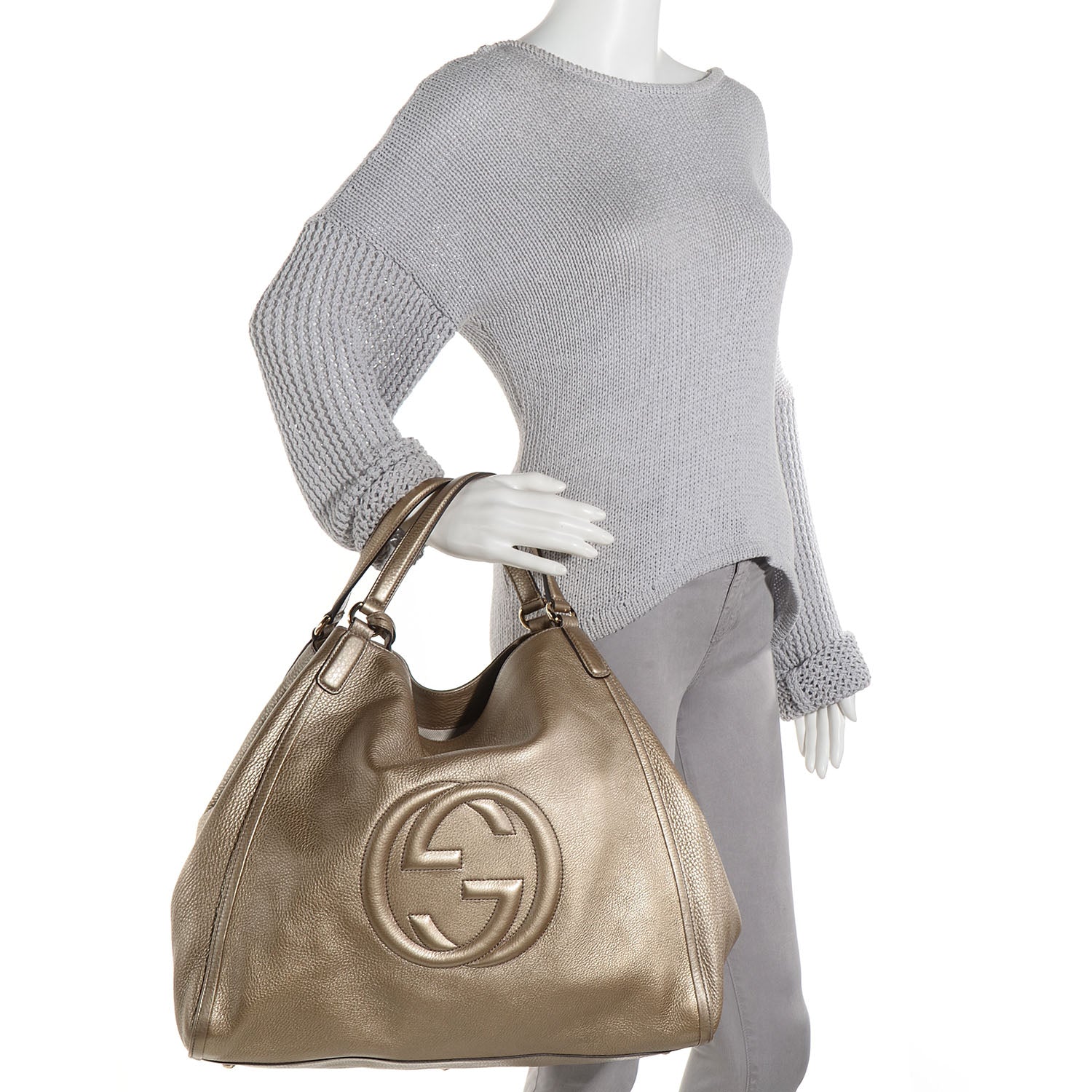 Gucci Metallic Pebbled Calfskin Large Soho Shoulder Bag Golden Beige 2 of 7