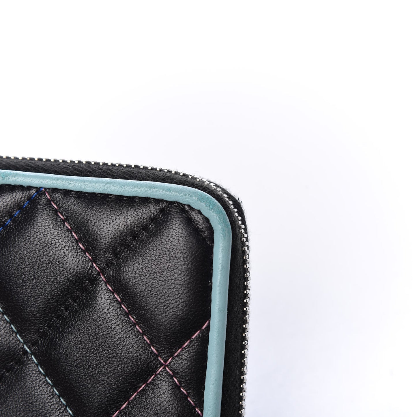 Lambskin Quilted Small Gusset Zip Around Wallet Black Pink Light Blue