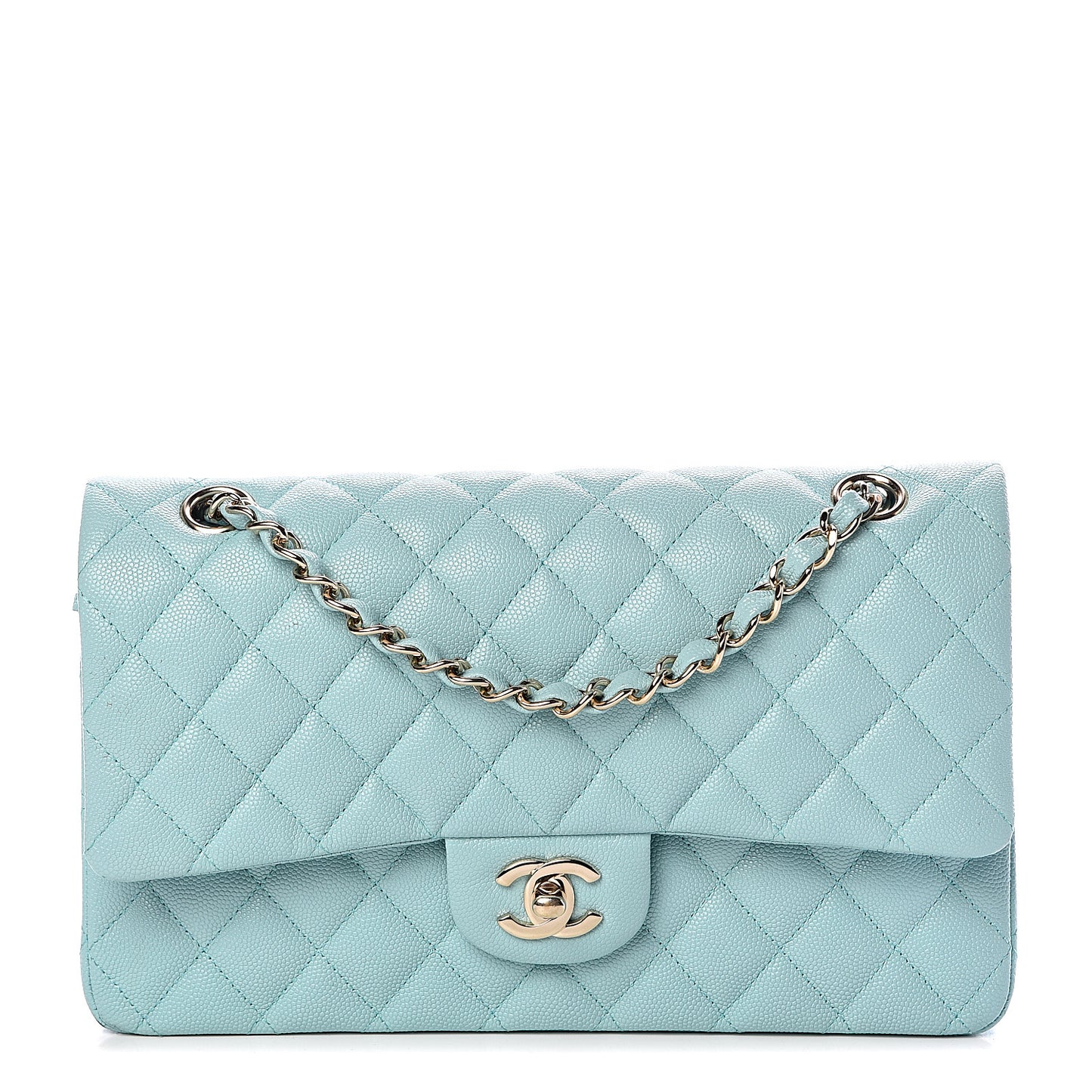 Caviar Quilted Medium Double Flap Light Blue